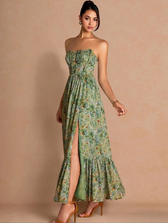 Azazie Dresses & Skirts - Floral Strapless Bustier Dress in Green and Red